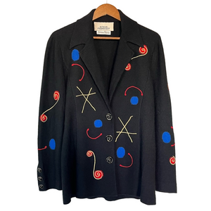 Vintage 1980s Steve Fabrikant Cardigan Embroidered Wool Black Gold Red Size M